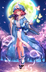 Rule 34 | 1girl, :d, arm garter, bare legs, blue dress, blue hat, blue ribbon, blush, bridal garter, bug, butterfly, cherry blossoms, collarbone, dress, drogoth, floating, flying, forest, frills, full body, full moon, geta, ghost, hand fan, hat, head tilt, highres, hitodama, holding, honeycomb pattern, insect, light smile, lips, long sleeves, mob cap, moon, moonlight, nature, okobo, open mouth, outdoors, parted lips, pink hair, plant, red eyes, ribbon, ribbon-trimmed legwear, ribbon trim, saigyouji yuyuko, saigyouji yuyuko&#039;s fan design, sandals, sash, shippou (pattern), short hair, smile, socks, solo, touhou, transparent, tree, triangular headpiece, tsurime, white socks, wide sleeves, wings