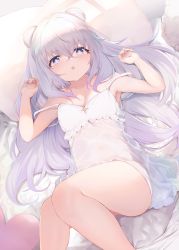 +_+ 1girl :o azur_lane bed_sheet blue_eyes breasts cleavage crossed_bangs double_bun dress hair_between_eyes hair_bun highres le_malin_(azur_lane) legs long_hair looking_at_viewer lying maosame off-shoulder_dress off_shoulder on_back open_mouth pillow sleeveless sleeveless_dress small_breasts solo thighs white_dress white_hair