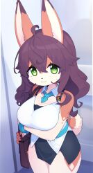 Rule 34 | 1girl, :3, absurdres, ahoge, animal ears, arm under breasts, bag, bare arms, belt, blue belt, blush, breasts, bright pupils, brown hair, closed mouth, collar, cowboy shot, curly hair, detached collar, dev voxy, dress, furry, furry female, green eyes, hair between eyes, hair flaps, highres, holding, holding bag, large breasts, liya (dev voxy), long hair, looking at viewer, multicolored fur, neck ribbon, original, ribbon, short dress, sleeveless, sleeveless dress, smile, solo, standing, sweatdrop, tail, two-tone dress, white collar, white pupils