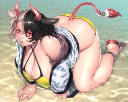 Rule 34 | 1girl, absurdres, all fours, animal ears, animal print, ass, bare legs, bare shoulders, bikini, black hair, blush, breasts, cleavage, commentary request, covered erect nipples, cow ears, cow horns, cow print, cow tail, criss-cross halter, envenomist (gengoroumaru), hair between eyes, halterneck, hanging breasts, haori, highres, horns, huge breasts, japanese clothes, looking at viewer, multicolored hair, off shoulder, outdoors, parted lips, plump, red eyes, red footwear, sandals, shiny skin, short hair, silver hair, solo, split-color hair, swimsuit, tail, thick arms, thick thighs, thighs, touhou, ushizaki urumi, water, yellow bikini