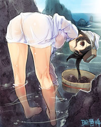 Rule 34 | 1girl, ass, barefoot, bent over, black hair, from behind, kneepits, legs, long hair, looking at viewer, looking back, original, sanbasou, see-through, snorkel, solo, water, wet, wet clothes