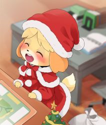 Rule 34 | 1girl, ^ ^, animal crossing, animal ears, blush, blush stickers, body fur, closed eyes, commentary request, dagashi (daga2626), dog ears, furry, furry female, happy, hat, highres, indoors, isabelle (animal crossing), nintendo, open mouth, red hat, red neckwear, red ribbon, ribbon, santa costume, santa hat, smile, solo, tail, teeth, upper teeth only