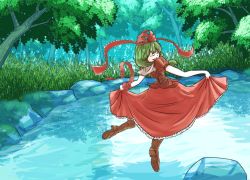 Rule 34 | 1girl, arm ribbon, boots, bow, dress, closed eyes, female focus, frills, green hair, hair bow, hair ornament, hair ribbon, high heels, kagiyama hina, long hair, mor11, open mouth, red dress, ribbon, river, shoes, skirt hold, smile, solo, touhou, tree, water