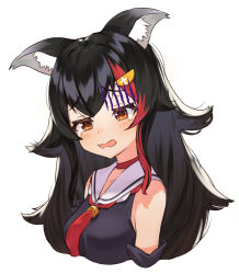 Rule 34 | 1girl, absurdres, animal ear fluff, animal ears, bare shoulders, black hair, black shirt, black sleeves, blush, choker, collarbone, cropped torso, detached sleeves, flipped hair, gloom (expression), hair between eyes, hair ornament, hairclip, highres, hololive, kouhaku nawa, long hair, multicolored hair, narita tamezou, neckerchief, ookami mio, ookami mio (1st costume), open mouth, red choker, red hair, red neckerchief, rope, sailor collar, sailor shirt, shimenawa, shirt, sidelocks, simple background, sleeveless, solo, streaked hair, tearing up, very long hair, virtual youtuber, wavy mouth, white background, wolf ears, yellow eyes