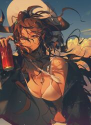 Rule 34 | 1girl, arknights, black jacket, bra, breasts, broken horn, brown eyes, brown hair, can, chinese commentary, cleavage, closed mouth, cloud, commentary request, cow horns, cowboy hat, day, floating hair, hat, highres, holding, holding can, horns, jacket, jewelry, large breasts, leaning forward, light smile, lips, long hair, looking at viewer, open clothes, open jacket, pendant, sky, solo, underwear, upper body, white bra, white hat, wind chimes (arknights), yuan quanquan ren