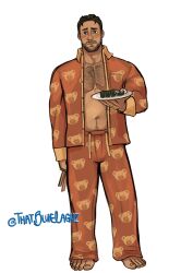 Rule 34 | 1boy, alternate costume, bara, barefoot, beard, brown hair, bulge, coral island, dark-skinned male, dark skin, facial hair, food, full beard, full body, hairy, highres, holding, holding plate, large pectorals, looking at viewer, male focus, mature male, muscular, muscular male, open clothes, open shirt, pajamas, pectoral cleavage, pectorals, plate, plump, rafael (coral island), short hair, smile, solo, standing, sushi, thatbluelaguz, thick chest hair, thick eyebrows, thick navel hair