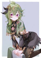 Rule 34 | 1girl, black thighhighs, capelet, closed mouth, collei (genshin impact), crossed bangs, detached sleeves, earrings, genshin impact, green capelet, green hair, hair between eyes, hair ornament, jewelry, looking at viewer, nagata gata, purple eyes, short hair, simple background, single earring, solo, tassel, thighhighs, two-tone background