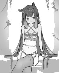 Rule 34 | 1girl, absurdres, bare shoulders, blunt bangs, blush, bra, bracelet, collarbone, flat chest, frilled bra, frills, garter belt, hair flaps, highres, hime cut, hololive, hololive english, jewelry, lingerie, long hair, looking at viewer, lyrinne, mole, mole under eye, monochrome, navel, necklace, ninomae ina&#039;nis, panties, pointy ears, solo, thighhighs, thighs, tiara, underwear, very long hair, virtual youtuber