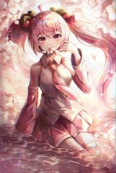 1girl, absurdres, ahoge, bangs, boots, closed mouth, collared shirt, detached sleeves, eyebrows visible through hair, floating hair, flower, hair between eyes, hair ornament, hatsune miku, highres, long hair, long sleeves, looking at viewer, miniskirt, mirage (rairudiseu), mouth hold, pink eyes, pink footwear, pink hair, pink neckwear, pink skirt, pink sleeves, pink theme, pleated skirt, sakura miku, shiny, shiny hair, shirt, sitting, skirt, sleeveless, sleeveless shirt, solo, thigh boots, thighhighs, twintails, very long hair, vocaloid, water surface, white flower, white shirt, wing collar, zettai ryouiki
