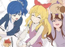 3girls :d absurdres aikatsu! aikatsu!_(series) arms_up blonde_hair blue_eyes blue_hair blue_scrunchie blue_shirt brown_hair closed_eyes dot_nose dress ebipon food from_above hair_ornament hair_scrunchie highres holding holding_stuffed_toy hoshimiya_ichigo indoors kiriya_aoi long_hair long_sleeves looking_at_another looking_to_the_side lying medium_hair multiple_girls on_back open_clothes open_mouth open_shirt pink_dress purple_eyes purple_shirt raised_eyebrows saitou_atsushi_(kamatamanankotu) scrunchie shibuki_ran shirt side_ponytail sitting smile straight_hair stuffed_toy sweatdrop sweater v-shaped_eyebrows white_shirt white_sweater