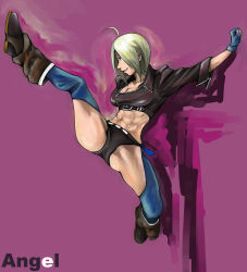 Rule 34 | 1girl, abs, angel (kof), boots, breasts, chaps, cleavage, female focus, fingerless gloves, gloves, hair over one eye, highres, kicking, midriff, mimiyama kiichi, muscular, muscular female, navel, panties, short hair, snk, solo, solo focus, the king of fighters, the king of fighters 2001, thighhighs, toned, underwear, white hair