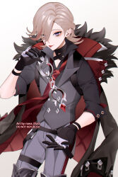 Rule 34 | 1boy, absurdres, alternate costume, black gloves, black shirt, blonde hair, cape, closed mouth, collared shirt, cosplay, cuffs, fur-trimmed cape, fur trim, genshin impact, gloves, grey pants, grey vest, handcuffs, highres, looking at viewer, lyney (genshin impact), male focus, multicolored hair, nana illust, pants, purple eyes, red hair, shirt, short hair, smile, solo, teardrop facial mark, tongue, tongue out, vest, wriothesley (genshin impact), wriothesley (genshin impact) (cosplay)