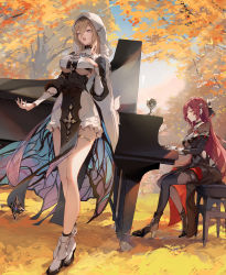 Rule 34 | 2girls, absurdres, aponia (honkai impact), autumn leaves, black dress, blue eyes, breast curtains, breasts, brown hair, butterfly wings, choker, cup, dress, eden (honkai impact), grand piano, high heels, highres, honkai (series), honkai impact 3rd, insect wings, instrument, kodamazon, large breasts, long bangs, long hair, multiple girls, music, nun, official art, open mouth, outline, pantyhose, pelvic curtain, piano, playing instrument, red hair, singing, sitting, sky, standing, tree, veil, white footwear, wings, yellow eyes