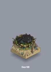 Rule 34 | black feathers, broken horn, commentary request, diorama, feathers, gozz, grey background, highres, horns, isometric, log, nest, no humans, original, sleeping