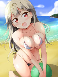 Rule 34 | 10s, 1girl, :d, ball, beach, beachball, bikini, black ribbon, blonde hair, breasts, collarbone, covered erect nipples, day, deego (omochi bazooka), flower, hair flower, hair ornament, hair ribbon, hairclip, highres, kantai collection, large breasts, long hair, ocean, open mouth, red eyes, ribbon, smile, solo, swimsuit, yuudachi (kancolle), yuudachi kai ni (kancolle)