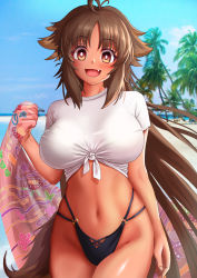 Rule 34 | 1girl, animal ears, antenna hair, b-pang, beach, blouse, blush, breasts, brown eyes, brown hair, dark-skinned female, dark skin, day, female focus, highres, kaori (princess connect!), large breasts, long hair, looking at viewer, navel, open mouth, outdoors, photo background, princess connect!, shirt, smile, solo, tail, tan, very long hair, white shirt