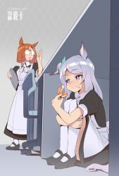 Rule 34 | 2girls, alternate costume, animal ears, anime girl hiding from a terminator (meme), apron, artist name, black dress, black footwear, blush, closed mouth, collared dress, desk, doughnut, dress, eating, enmaided, food, food on face, glasses, highres, holding, holding food, holding tray, horse ears, horse girl, horse tail, hugging own legs, ikuno dictus (umamusume), long hair, maid, maid apron, mary janes, mejiro mcqueen (umamusume), meme, multiple girls, official style, opaque glasses, open mouth, orange hair, puffy short sleeves, puffy sleeves, purple eyes, purple hair, round eyewear, shoes, short sleeves, sinnra art, sitting, standing, tail, thighhighs, tray, umamusume, white thighhighs