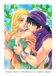 Rule 34 | 1boy, 1girl, artist name, bare shoulders, belt, bianca (dq5), black hair, blonde hair, blue eyes, blue sky, bracelet, braid, breasts, cape, character name, collarbone, commentary request, couple, defense zero, dragon quest, dragon quest v, dress, green dress, hair over shoulder, hero (dq5), hetero, holding another&#039;s arm, holding hands, husband and wife, jewelry, leaf, lips, long hair, looking at another, low ponytail, medium breasts, neck ring, orange cape, parted lips, purple cape, purple headwear, single braid, sky, turban, upper body