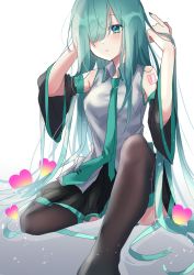 Rule 34 | 1girl, alternate hairstyle, aqua eyes, aqua hair, aqua nails, aqua necktie, bare shoulders, black skirt, black sleeves, black thighhighs, commentary, detached sleeves, expressionless, feet out of frame, grey shirt, hair down, hair over one eye, hand in own hair, hatsune miku, heart, highres, knee up, long hair, miniskirt, misacat299, nail polish, necktie, one eye covered, pleated skirt, shirt, shoulder tattoo, sitting, skirt, sleeveless, sleeveless shirt, solo, tattoo, thighhighs, very long hair, vocaloid