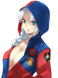 Rule 34 | 1girl, alternate costume, aqua eyes, blue eyes, braid, breasts, casual, center opening, cleavage, contemporary, female focus, hair over shoulder, hood, hooded jacket, jacket, no bra, open clothes, open mouth, single braid, smile, solo, touhou, white hair, yagokoro eirin, yurikawa