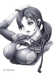 Rule 34 | 1girl, bodysuit, breasts, cleavage, jill valentine, large breasts, monochrome, resident evil, resident evil: revelations, solo