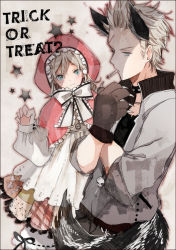 Rule 34 | 1boy, 1girl, :3, alternate costume, animal ears, apron, arm up, axis powers hetalia, bad id, bad pixiv id, belgium (hetalia), blonde hair, blush, border, bow, bowtie, brother and sister, buttons, capelet, cigarette, claws, collar, dress, english text, fake animal ears, frilled dress, frills, gloves, green eyes, halloween, hishi (k-xaby), hood, little red riding hood, netherlands (hetalia), puffy sleeves, scar, short hair, siblings, skull, sleeves rolled up, smile, star (symbol), tail, text focus, trick or treat, wolf ears, wolf tail