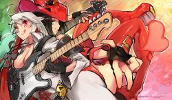 Rule 34 | 2girls, :q, ahoge, ankh, back-to-back, bass guitar, black gloves, black hair, boots, breasts, cleavage, colorized, commentary, detached sleeves, electric guitar, fingerless gloves, gloves, green eyes, guilty gear, guilty gear xrd, guitar, hat, i-no, instrument, jack-o&#039; valentine, jacket, jewelry, kenshin187, lipstick, long hair, looking at viewer, makeup, medium breasts, mole, mole above mouth, multicolored hair, multiple girls, music, no bra, outstretched hand, pendant, playing instrument, red eyes, red hair, red jacket, short hair, silver hair, thigh boots, thighhighs, tongue, tongue out, two-tone hair, witch hat
