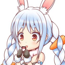 Rule 34 | 1girl, animal ear fluff, animal ears, bare shoulders, black gloves, blue hair, blush, carrot hair ornament, commentary request, food-themed hair ornament, fur-trimmed gloves, fur collar, fur trim, gloves, hair ornament, holding, hololive, ki (kk-sk-ray), multicolored hair, rabbit-shaped pupils, rabbit ears, red eyes, short eyebrows, simple background, solo, strapless, symbol-shaped pupils, thick eyebrows, tongue, tongue out, transparent background, two-tone hair, upper body, usada pekora, usada pekora (1st costume), virtual youtuber, white background, white hair