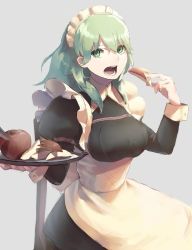 Rule 34 | 1girl, alternate costume, apple, apron, black dress, breasts, byleth (female) (fire emblem), byleth (fire emblem), commentary, dress, eating, english commentary, enlightened byleth (female), enmaided, fire emblem, fire emblem: three houses, food, fruit, green eyes, green hair, grey background, highres, holding, holding tray, long hair, long sleeves, looking at viewer, maid, maid apron, maid headdress, medium breasts, miton (vvse5752), nintendo, official alternate costume, open mouth, simple background, solo, tray, waist apron, white apron