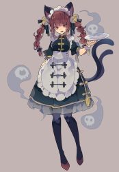 Rule 34 | 1girl, alternate costume, animal ears, apron, bell, black bow, black pantyhose, black ribbon, blunt bangs, bow, braid, cat tail, commentary, dress, frilled dress, frills, full body, green dress, grey background, hair bell, hair bow, hair ornament, hair ribbon, hand up, highres, hitodama, holding, holding tray, jingle bell, kaenbyou rin, long hair, looking at viewer, maid headdress, multiple tails, nekomata, nikorashi-ka, open mouth, pantyhose, puffy short sleeves, puffy sleeves, red eyes, red footwear, red hair, ribbon, short sleeves, sidelocks, simple background, skull, solo, tail, touhou, tray, twin braids, two tails, white apron, yellow ribbon