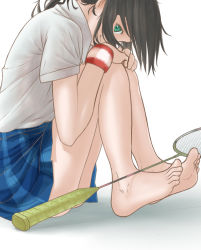 Rule 34 | 10s, 1girl, badminton racket, barefoot, brown hair, from side, green eyes, hanebado!, hanesaki ayano, highres, knees to chest, legs, looking at viewer, looking to the side, myu5uke, pleated skirt, racket, school uniform, simple background, sitting, on ground, skirt, solo, sweatband, thighs, white background