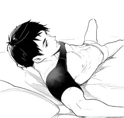 Rule 34 | 10s, 1boy, abs, bed sheet, black hair, boxers, clothes lift, free!, greyscale, groin, looking at viewer, male focus, male underwear, megumi-square, monochrome, parted lips, pillow, shirt, shirt lift, solo, t-shirt, underwear, yamazaki sousuke