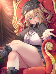Rule 34 | 1girl, akai haato, aqua eyes, black footwear, black hat, black skirt, blonde hair, blush, boots, breasts, center frills, chair, collared cape, commentary request, crossed legs, fang, frills, from below, hair ornament, hairclip, hat, heart, heart hair ornament, highres, hololive, knee boots, large breasts, long hair, long sleeves, looking at viewer, magowasabi, military hat, miniskirt, nail polish, open mouth, pleated skirt, reaching, reaching towards viewer, shirt, sitting, skin fang, skirt, smile, solo, thighs, throne, virtual youtuber, white shirt, x hair ornament