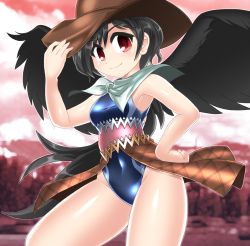 Rule 34 | 1girl, belt, black hair, black wings, blue one-piece swimsuit, brown hat, cloud, commentary request, competition swimsuit, contrapposto, cowboy hat, cowboy shot, hat, holding, holding clothes, holding hat, horse tail, kurokoma saki, long hair, looking at viewer, one-piece swimsuit, ponytail, red eyes, red sky, sky, smile, solo, standing, swimsuit, tail, touhou, wings, winn