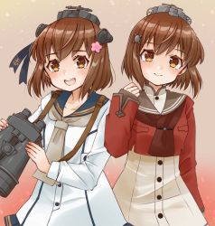 Rule 34 | 2girls, anchor symbol, binoculars, black sailor collar, brown eyes, brown hair, brown neckerchief, cherry blossoms, cocoperino, commentary request, cowboy shot, dress, dual persona, flower, gradient background, grey neckerchief, grey sailor collar, hair flower, hair ornament, hairclip, headgear, headset, kantai collection, looking at viewer, multiple girls, neckerchief, red shirt, sailor collar, sailor dress, sailor shirt, shirt, short hair, speaking tube headset, tan yang (kancolle), white dress, yukikaze (kancolle)