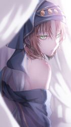 Rule 34 | 1boy, androgynous, bare shoulders, coin hair ornament, curtains, ensemble stars!, from behind, green eyes, hair ornament, headdress, highres, looking at viewer, looking back, male focus, off shoulder, orange hair, parted lips, ponytail, red hair, solo, suteppu212, tsukinaga leo, upper body