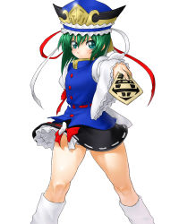 Rule 34 | 1girl, blue eyes, female focus, green hair, hat, legs, onsoku inu, rod of remorse, shiki eiki, short hair, simple background, solo, standing, thighs, touhou, white background