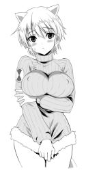Rule 34 | 10s, 1girl, animal ears, blush, brave witches, breasts, covered erect nipples, greyscale, impossible clothes, impossible sweater, kyogoku shin, large breasts, looking at viewer, monochrome, nikka edvardine katajainen, ribbed sweater, short hair, simple background, solo, strike witches, sweater, tail, weasel ears, weasel tail, white background, world witches series
