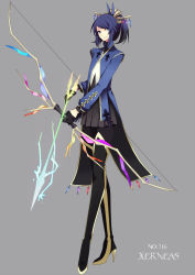 Rule 34 | 10s, 1girl, androgynous, arrow (projectile), bad id, bad nicoseiga id, black gloves, black pantyhose, blue eyes, blue hair, bow (weapon), character name, coat, creatures (company), full body, game freak, gen 6 pokemon, gloves, grey background, hair ornament, high heels, highres, holding, holding weapon, legendary pokemon, matching hair/eyes, merlusa, nintendo, pantyhose, parted lips, personification, pokedex number, pokemon, pokemon xy, simple background, skirt, smile, solo, standing, trench coat, weapon, xerneas