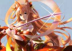 Rule 34 | 10s, 1girl, animal ear fluff, animal ears, bare shoulders, blonde hair, blue background, breasts, choker, cleavage, detached sleeves, fate/extra, fate/extra ccc, fate/extra ccc fox tail, fate/grand order, fate (series), fox ears, hair ornament, hair rings, holding, holding sword, holding weapon, japanese clothes, jewelry, katana, long hair, looking at viewer, medium breasts, midriff, necklace, no panties, off shoulder, orange hair, ribbon-trimmed sleeves, ribbon trim, simple background, smile, solo, sparkle, suzu natsu, suzuka gozen (fate), sword, upper body, very long hair, weapon, wide sleeves, yellow eyes