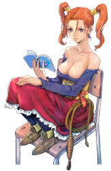 Rule 34 | 1girl, absurdres, bad id, bad twitter id, bare shoulders, black pantyhose, blue shirt, book, boots, breasts, brown eyes, chair, cleavage, collarbone, detached sleeves, dragon quest, dragon quest viii, earrings, full body, hand on own knee, highres, holding, holding book, jessica albert, jewelry, large breasts, lasso, long hair, long skirt, long sleeves, looking at viewer, orange hair, pantyhose, red skirt, shiren (ourboy83), shirt, sitting, skirt, solo, square enix, strapless, strapless shirt, twintails, white background