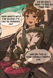Rule 34 | 1girl, animal ears, beach, blush, brown eyes, brown hair, car, car interior, clenched hands, dog ears, eebus (eebus3698), english text, fang, hood, hood down, hoodie, looking at viewer, messy hair, motor vehicle, ocean, open mouth, original, short hair, sitting, smile, solo, speech bubble, sweat, sweatdrop, thought bubble