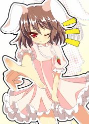 Rule 34 | 1girl, animal ears, brown hair, carrot necklace, dress, highres, inaba tewi, jewelry, looking at viewer, necklace, one eye closed, pendant, pink dress, pointing, pointing at viewer, rabbit ears, red eyes, short hair, smile, solo, touhou, yuimari