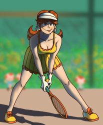 Rule 34 | 1girl, absurdres, bare shoulders, bent over, blue eyes, breasts, brown hair, cleavage, earrings, flower earrings, full body, gloves, hat, highres, jewelry, legs, looking at viewer, mario (series), mario tennis, nintendo, princess daisy, racket, short hair, skirt, sleeveless, smug, solo, spread legs, super mario land, tennis racket, toad (mario), tomboy, tongue, tongue out