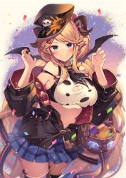 Rule 34 | 1girl, blonde hair, blue eyes, breasts, claw pose, confetti, draph, granblue fantasy, grin, hallessena, halloween bucket, hat, homaderi, horns, large breasts, long hair, navel, plaid, plaid skirt, pointy ears, skirt, smile, solo