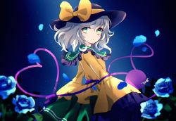 Rule 34 | 1girl, black hat, blue background, blue flower, blue rose, bow, closed mouth, commentary, cowboy shot, dise (psychoro), flower, from side, gradient background, green eyes, green skirt, grey hair, hat, hat bow, heart, heart of string, highres, komeiji koishi, long sleeves, looking at viewer, rose, shirt, short hair, skirt, smile, solo, standing, symbol-only commentary, third eye, touhou, wide sleeves, yellow bow, yellow shirt