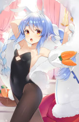 Rule 34 | 1girl, animal ear fluff, animal ears, armpits, bare shoulders, black leotard, blue hair, blush, braid, breasts, collarbone, commentary request, covered navel, curtains, day, highleg, highleg leotard, highres, hololive, indoors, leotard, long hair, looking at viewer, multicolored hair, open mouth, orange eyes, pantyhose, rabbit ears, rabbit girl, rabbit tail, shiny clothes, simple background, small breasts, solo, strapless, strapless leotard, tail, twin braids, twintails, two-tone hair, usada pekora, usada pekora (1st costume), virtual youtuber, white hair, window, yuuki hagure