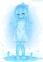 Rule 34 | 1girl, absurdres, barefoot, blue bow, blue hair, blue skin, blush, bow, closed mouth, colored skin, curss, dot mouth, dot nose, dress, full body, hair bow, hand up, heart, heterochromia, highres, long hair, looking at viewer, monster girl, original, purple eyes, slime girl, solo, standing, sundress, twitter username, wet, wet clothes, wet dress, white dress, yellow eyes