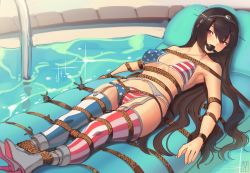Rule 34 | 1girl, alternate costume, american flag bikini, american flag legwear, asymmetrical legwear, ball gag, bdsm, bikini, black hair, bondage, bound, breasts, commission, flag print, gag, gagged, garter belt, headgear, highres, kaddo, kantai collection, large breasts, long hair, lying, mismatched legwear, nagato (kancolle), navel, on back, red eyes, rope, solo, striped clothes, striped thighhighs, swimsuit, thighhighs, vertical-striped clothes, vertical-striped thighhighs