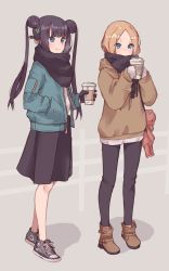 Rule 34 | 2girls, abigail williams (fate), absurdres, alternate costume, black hair, black pants, black scarf, black skirt, blue eyes, blue jacket, blush, boots, brown footwear, brown hair, brown hoodie, closed mouth, coffee cup, covered mouth, cup, disposable cup, double bun, drawstring, fate/grand order, fate (series), fence, fringe trim, grey background, grey footwear, hair bun, highres, holding, holding cup, hood, hood down, hoodie, jacket, kopaka (karda nui), long sleeves, multiple girls, open clothes, open jacket, pants, pantyhose, parted bangs, pleated skirt, scarf, shadow, shirt, shoes, skirt, sleeves past wrists, smile, standing, stuffed animal, stuffed toy, teddy bear, twintails, white shirt, yang guifei (fate)